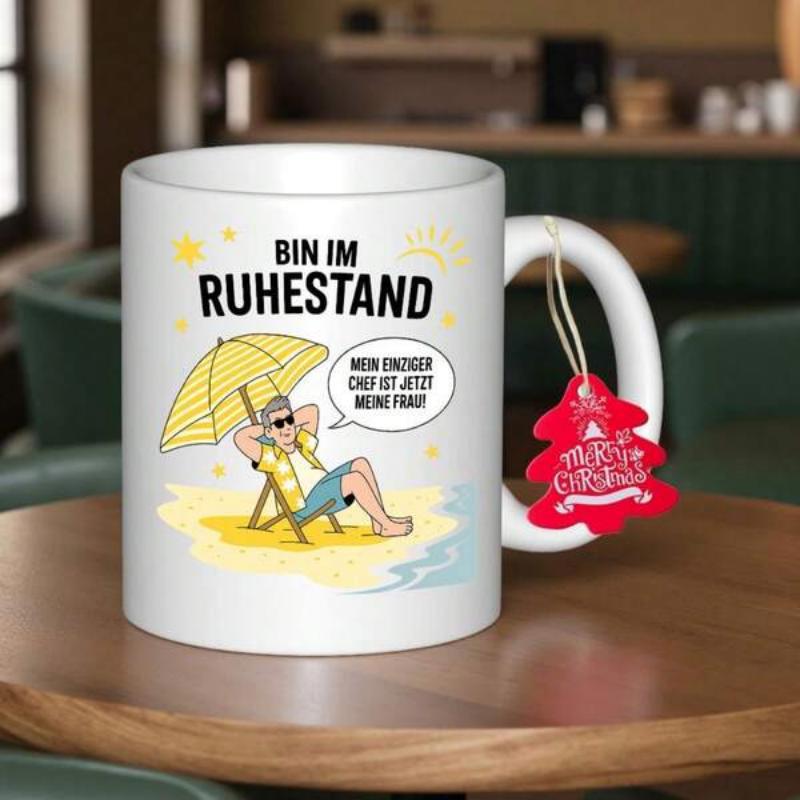 Tailorly White Ceramic 11 oz Mug - Relaxing On Beach Chair Under Umbrella With Sun And Ocean Waves Man