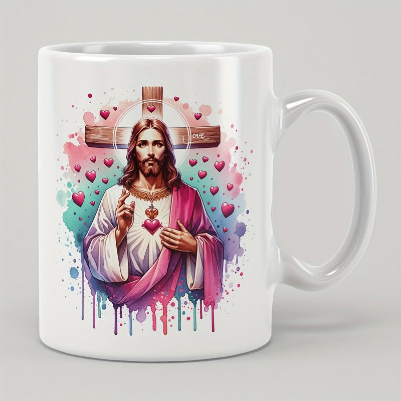 Tailorly White Ceramic 11 oz Mug - Divine Sacred Heart Figure Among Floating Red Hearts With Artistic Watercolor Splashes Jesus