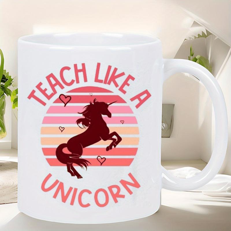 Tailorly White Ceramic 11 oz Mug - Teach Like A Unicorn Majestic Silhouette Prancing Among Hearts Within Retro Striped Sunset Unicorn