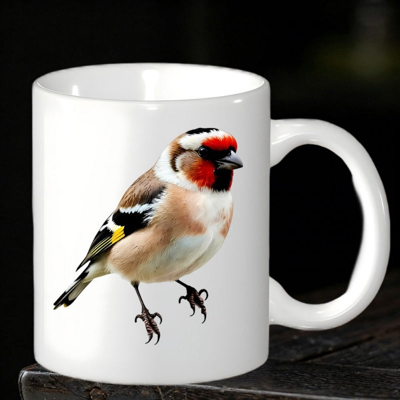 Tailorly White Ceramic 11 oz Mug - Vibrant Colorful Songbird Perched Gracefully Against A Clean White Background Goldfinch