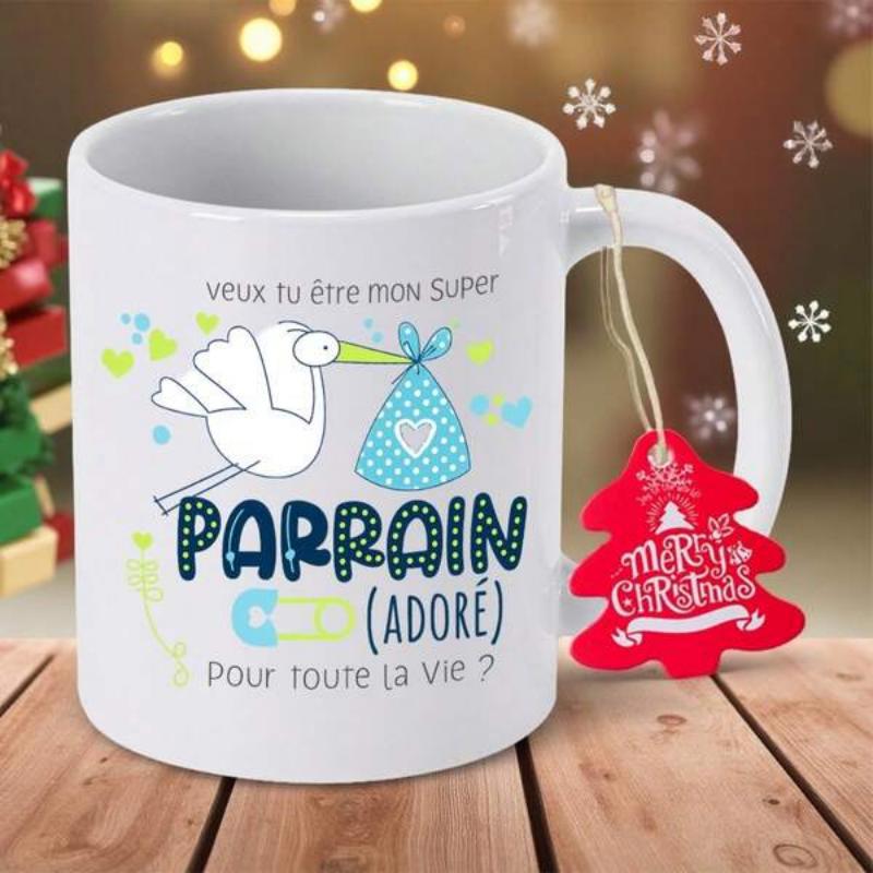 Tailorly White Ceramic 11 oz Mug - Merry Christmas Flying Cartoon Stork Carrying Blue Polka Dot Bundle Under Festive Holiday Atmosphere Mug
