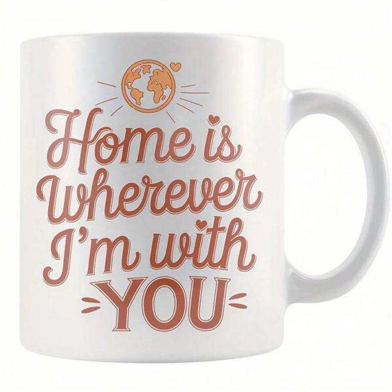 Tailorly White Ceramic 11 oz Mug - Home Is Wherever I'm With You Stylized Earth Map Featuring Glowing Rays And Tiny Love Hearts Globe