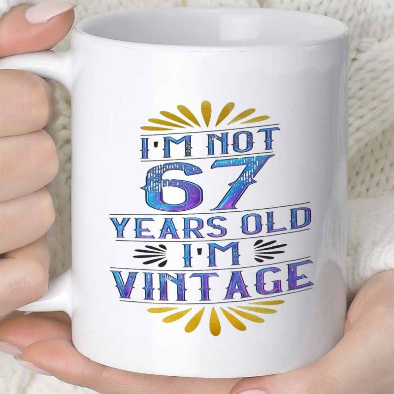 Tailorly White Ceramic 11 oz Mug - Im Not 67 Years Old Im Vintage Stylized Golden Sunburst With Distressed Cosmic Texture And Decorative Horizontal Lines Mug