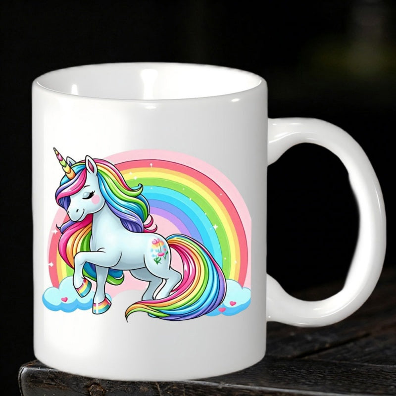 Tailorly White Ceramic 11 oz Mug - Vibrant Rainbow Arches Over A Magical Colorful Mane Among Soft Clouds Unicorn