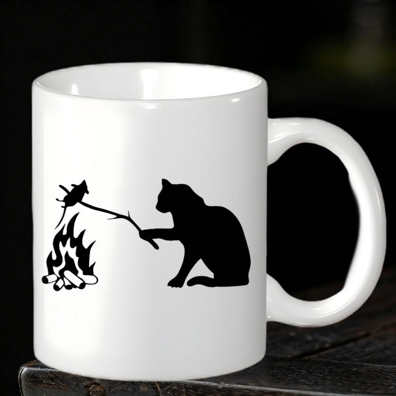Tailorly White Ceramic 11 oz Mug - Playful Silhouette Of A Sitting Cat Roasting Mouse Over Campfire Cat