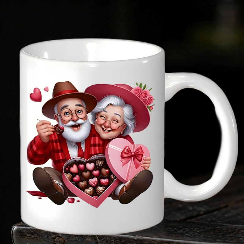Tailorly White Ceramic 11 oz Mug - Loving Elderly Couple Sharing Heart Shaped Box Of Sweets Couple