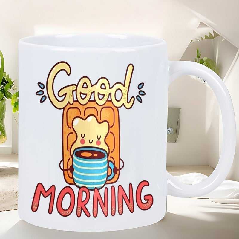 Tailorly White Ceramic 11 oz Mug - Good Morning Cute Cartoon Breakfast Scene With Melting Butter And Coffee Cup Waffle