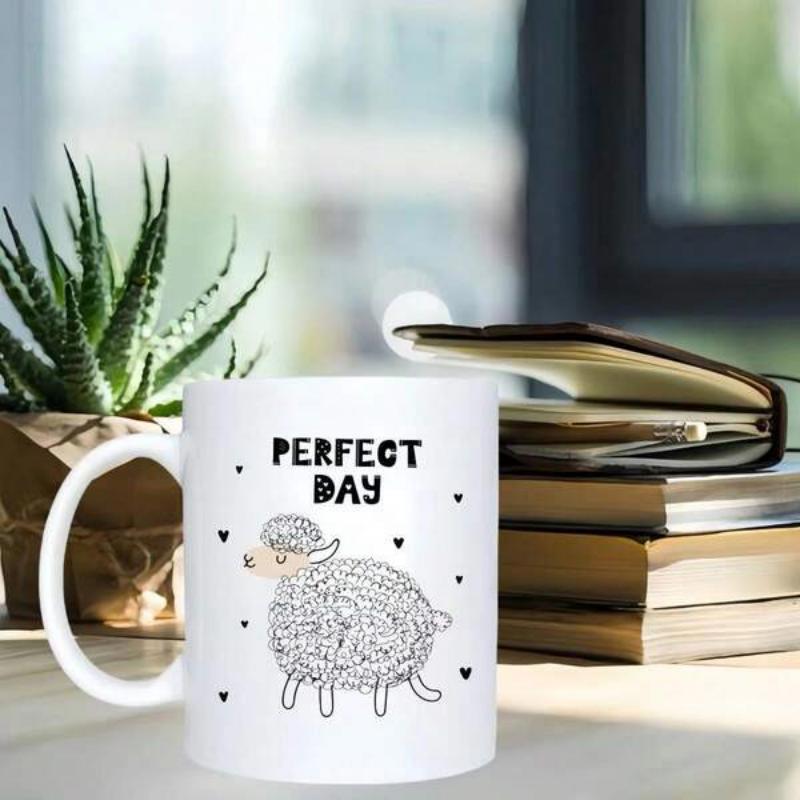 Tailorly White Ceramic 11 oz Mug - Perfect Day Adorable Cartoon Lamb Standing Among Tiny Hearts And Dots Sheep