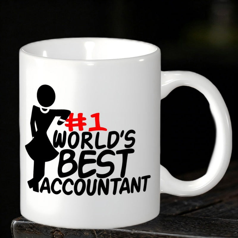 Tailorly White Ceramic 11 oz Mug - Worlds Best Accountant Stylized Female Silhouette Leaning Against Bold Typography With Red Accents Professional Mug