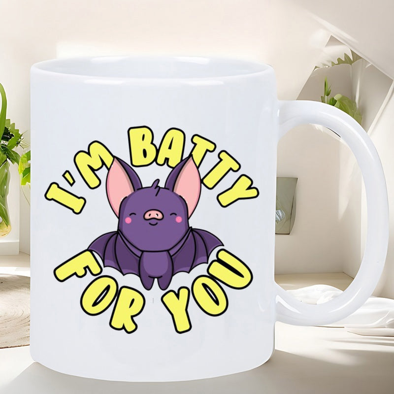 Tailorly White Ceramic 11 oz Mug - Im Batty For You Cute Purple Cartoon Creature Flying With Wide Wings And Pointy Ears Bat