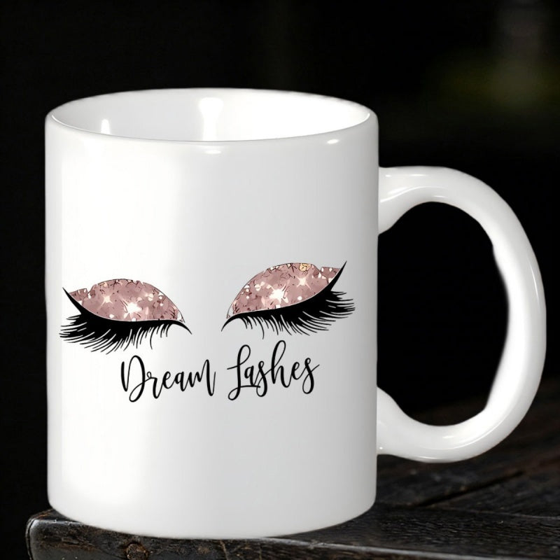 Tailorly White Ceramic 11 oz Mug - Dream Lashes Elegant Stylized Eyelashes Featuring Rose Gold Glitter And Shining Star Sparkles Eyelashes