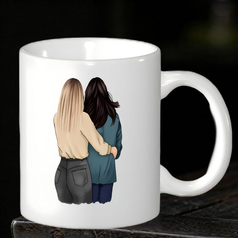 Tailorly White Ceramic 11 oz Mug - Two Loving Friends Embracing Together With Long Flowing Hair Standing Backwards Women