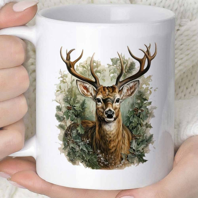 Tailorly White Ceramic 11 oz Mug - Majestic Brown Stag With Antlers Among Lush Green Forest Foliage Watercolor Deer