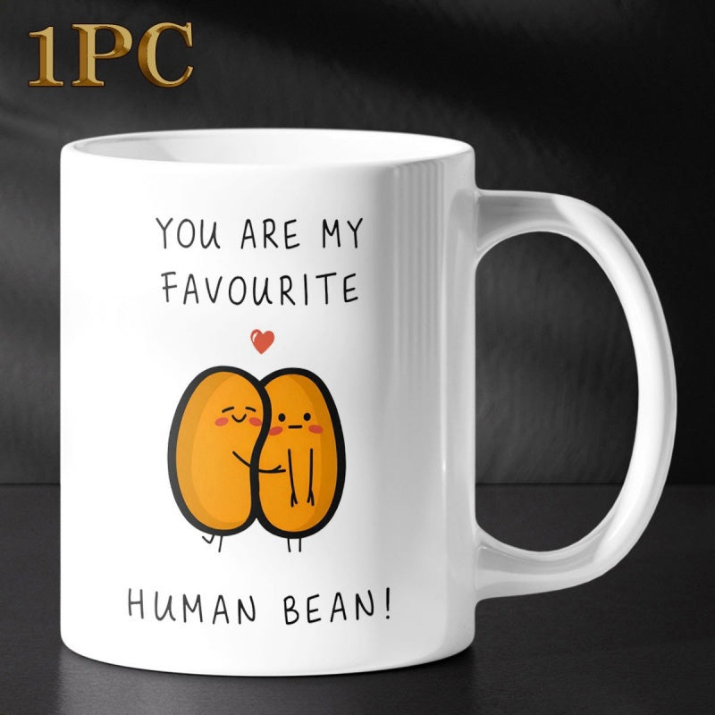Tailorly White Ceramic 11 oz Mug - You Are My Favourite Human Bean Smiling Cartoon Beans Embracing Under A Floating Little Red Heart Bean