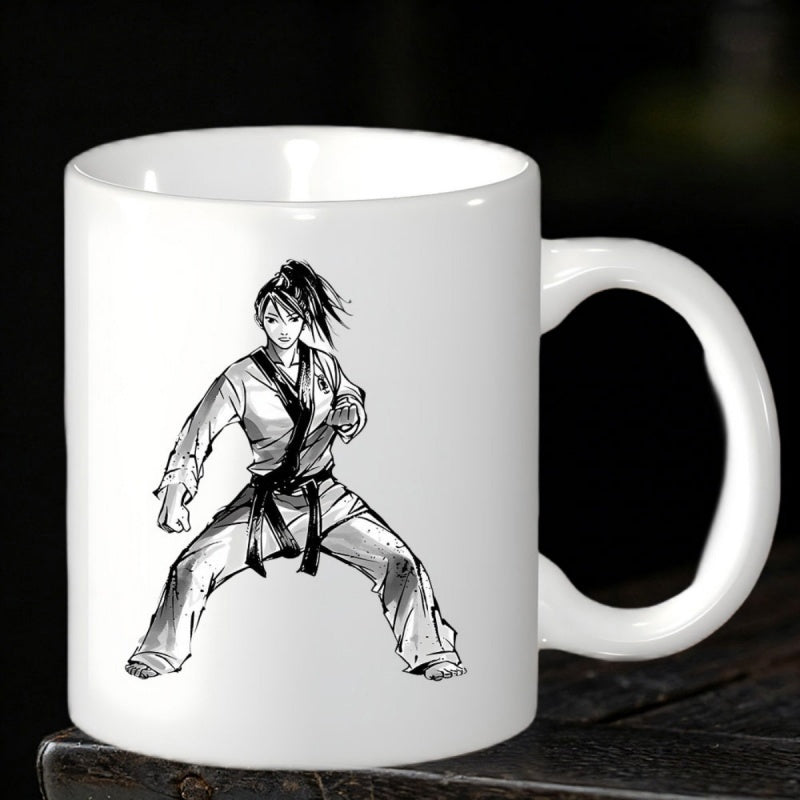 Tailorly White Ceramic 11 oz Mug - Hand Drawn Ink Style Martial Arts Girl In Wide Stance Fighter