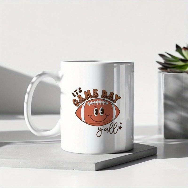Tailorly White Ceramic 11 oz Mug - Its Game Day Yall Retro Styled Cartoon Friendly Smiley Face And Sparkles Football