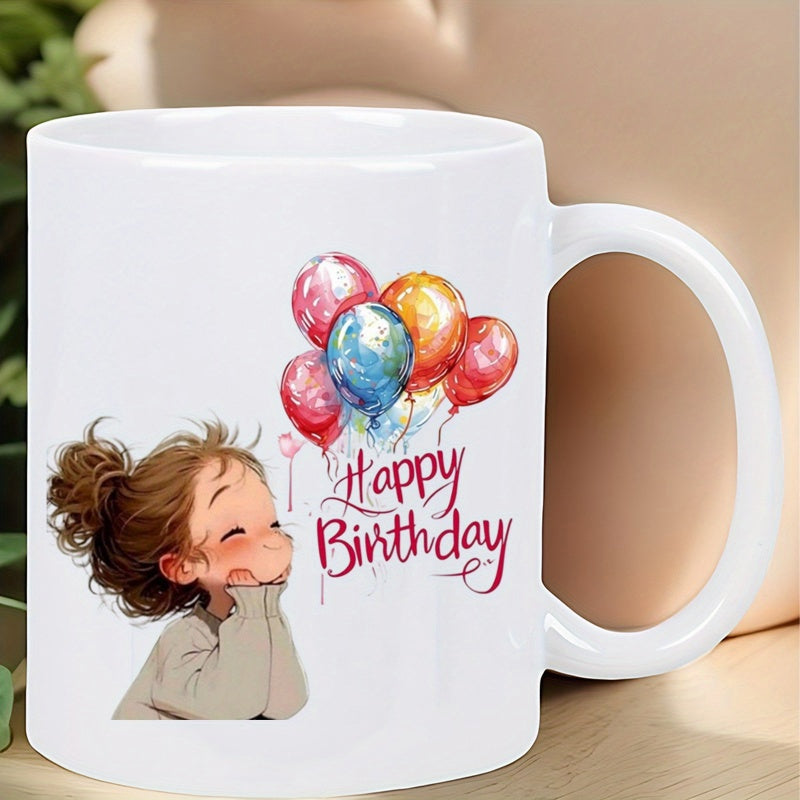 Tailorly White Ceramic 11 oz Mug - Happy Birthday Little Girl Looking Up At A Bunch Of Vibrant Colorful Balloons Girl