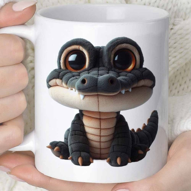 Tailorly White Ceramic 11 oz Mug - Adorable Sitting Baby Crocodile With Large Expressive Eyes And Detailed Texture Crocodile