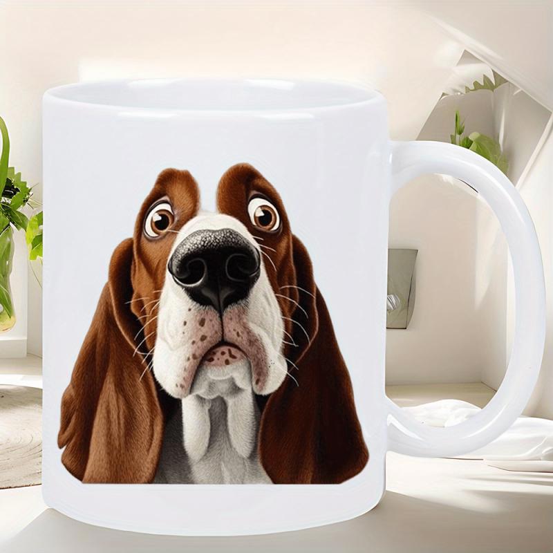 Tailorly White Ceramic 11 oz Mug - Adorable Cartoon Basset Hound With Large Expressive Eyes And Wide Nose Dog