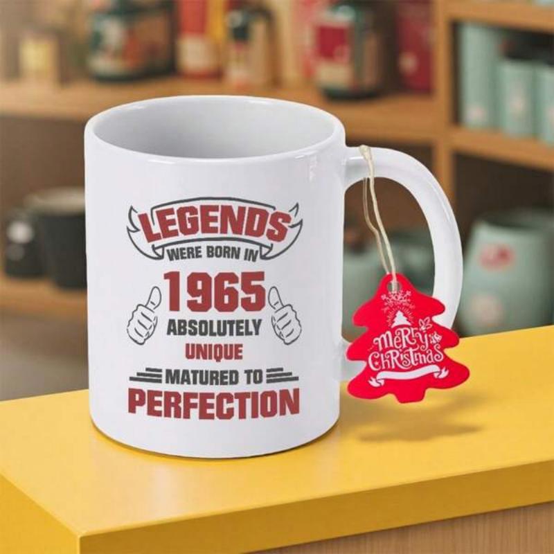 Tailorly White Ceramic 11 oz Mug - Legends Were Born In 1965 Absolutely Unique Matured To Perfection Vintage Style Typography Featuring Decorative Symbols And Bold