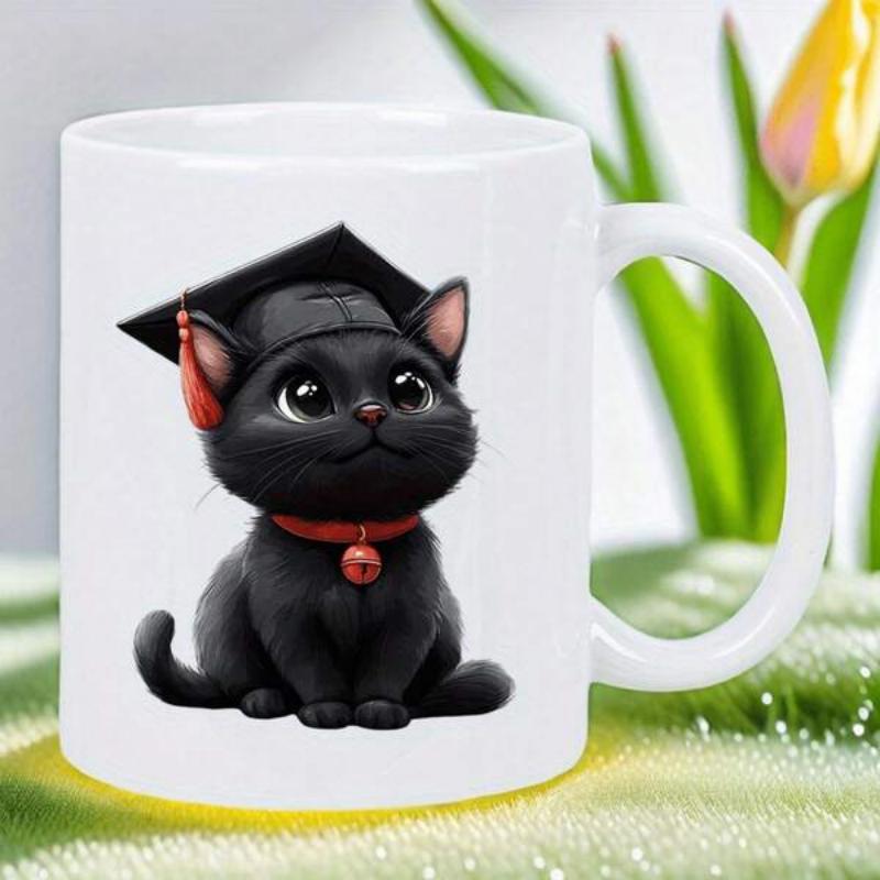 Tailorly White Ceramic 11 oz Mug - Adorable Fluffy Black Kitten Wearing Graduation Cap And Tassel Sitting Softly Cat