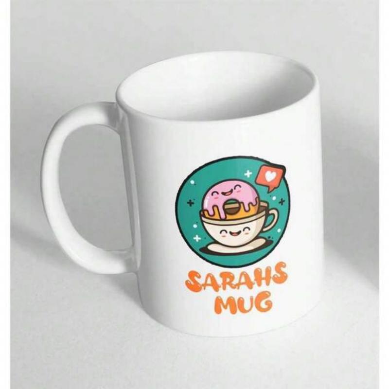 Tailorly White Ceramic 11 oz Mug - Sarahs Mug Smiling Pink Donut Resting Inside A Cute Coffee Cup Mug
