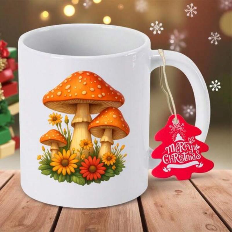 Tailorly White Ceramic 11 oz Mug - Merry Christmas Whimsical Forest Scene Featuring Vibrant Orange Mushrooms Surrounded By Bright Wildflowers Mushroom