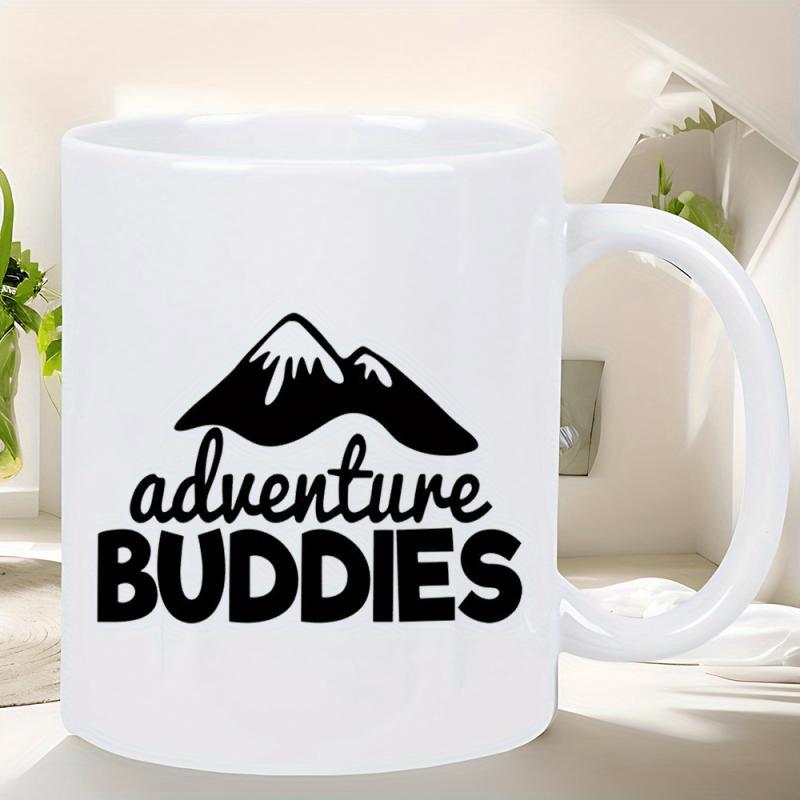 Tailorly White Ceramic 11 oz Mug - Adventure Buddies Simple Black Silhouette Outlining Two Majestic Snow Capped Peaks Mountain