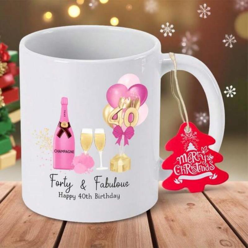 Tailorly White Ceramic 11 oz Mug - Forty Fabulous Happy 40th Birthday Merry Christmas Festive Pink Champagne Bottle With Golden Balloons And Number Mug