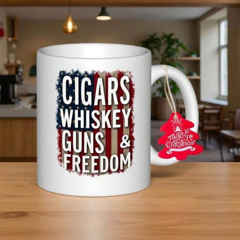 Tailorly White Ceramic 11 oz Mug - Cigars Whiskey Guns Freedom Distressed American Flag Background With Bold White Patriotic Lettering Flag