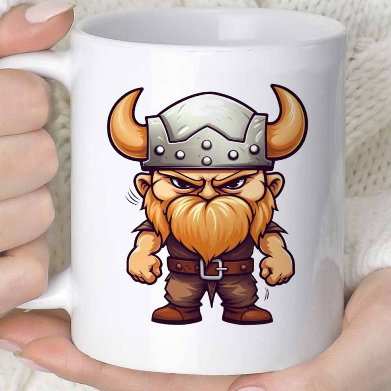 Tailorly White Ceramic 11 oz Mug - Tiny Mighty Warrior With Horned Helmet And Large Orange Beard Viking