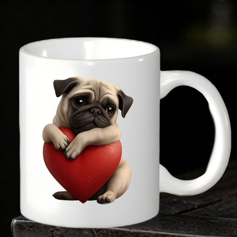 Tailorly White Ceramic 11 oz Mug - Adorable Wrinkled Face Dog Hugging A Large Vibrant Red Heart Pug