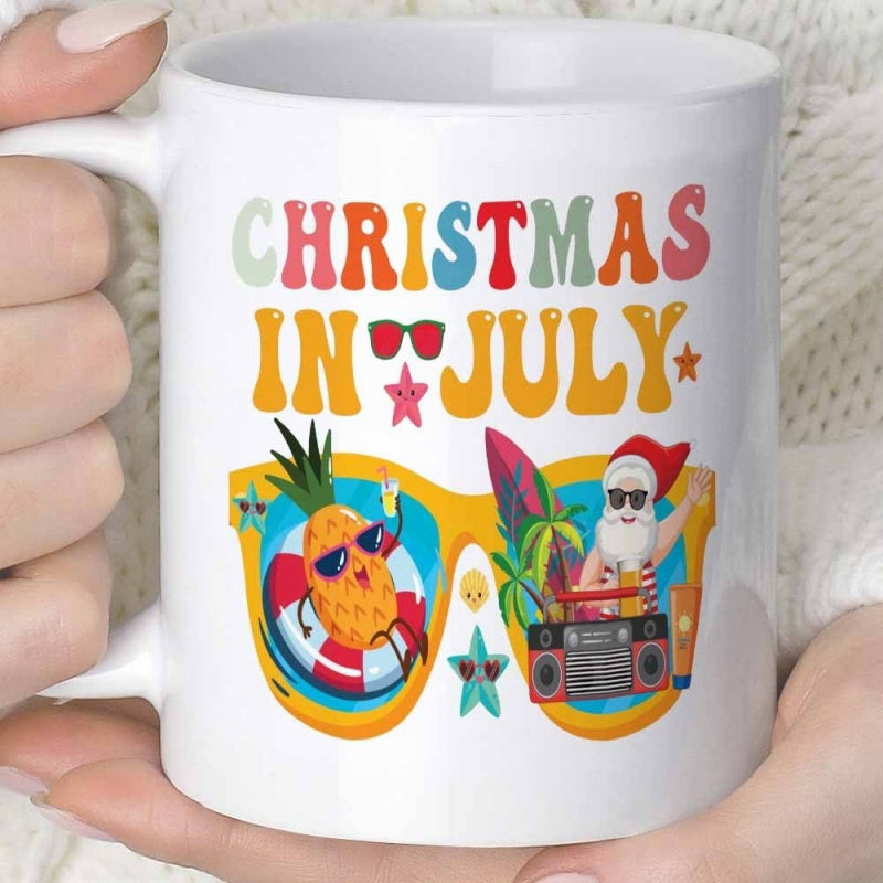 Tailorly White Ceramic 11 oz Mug - Christmas In July Retro Summer Holiday Scenes With Surfing Santa And Tropical Pineapple Christmas