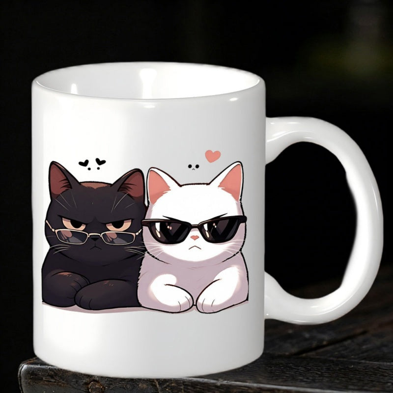 Tailorly White Ceramic 11 oz Mug - Two Grumpy Cartoon Kittens Wearing Stylish Glasses And Sunglasses Sitting Together Cat