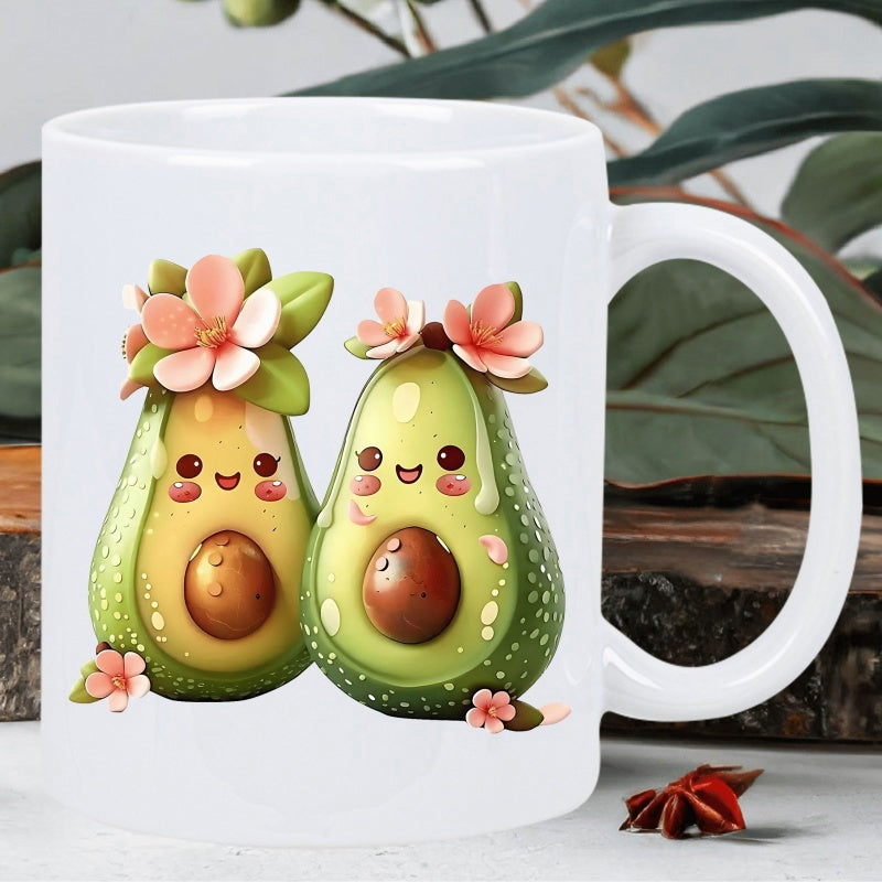Tailorly White Ceramic 11 oz Mug - Two Adorable Smiling Cartoon Fruits Decorated With Pink Spring Blossoms Avocado