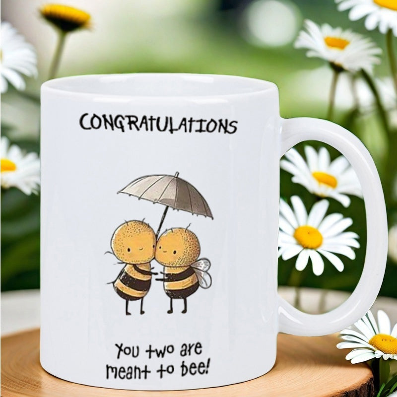 Tailorly White Ceramic 11 oz Mug - Congratulations You Two Are Meant To Bee Sweet Little Cartoon Bees Sharing An Umbrella In Love Bee
