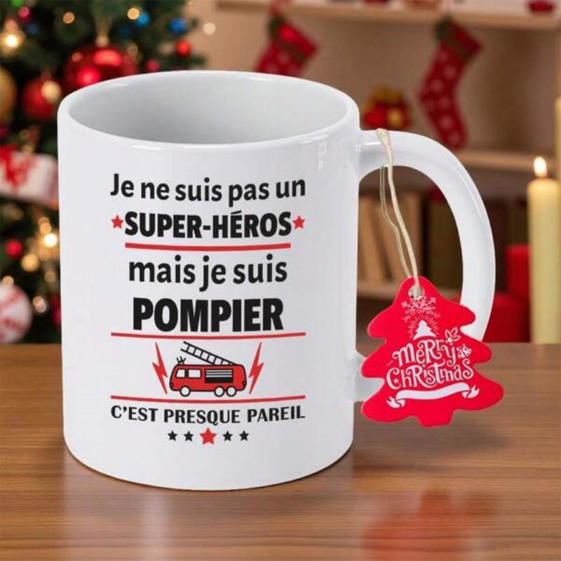 Tailorly White Ceramic 11 oz Mug - Merry Christmas Detailed Red Fire Engine With Ladder Surrounded By Tiny Festive Stars Fire Truck