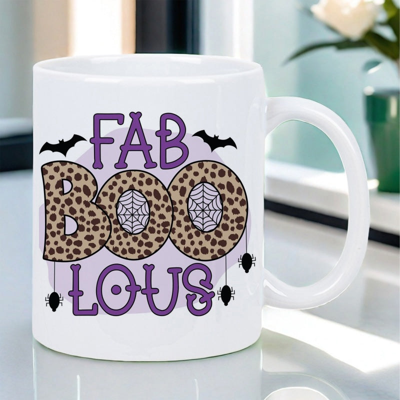 Tailorly White Ceramic 11 oz Mug - Fab Boo Lous Halloween Pun With Leopard Print Text And Hanging Spiders Under Flying Bat