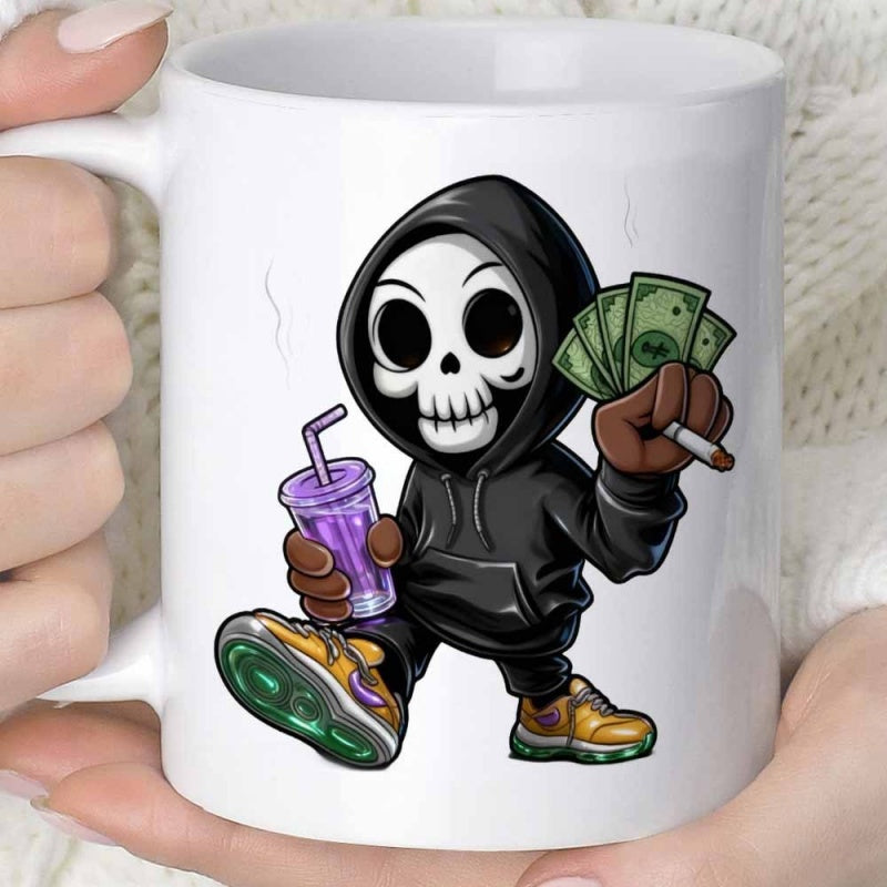 Tailorly White Ceramic 11 oz Mug - Cool Urban Character Wearing Black Hoodie Holding Cash And Purple Drink Skeleton