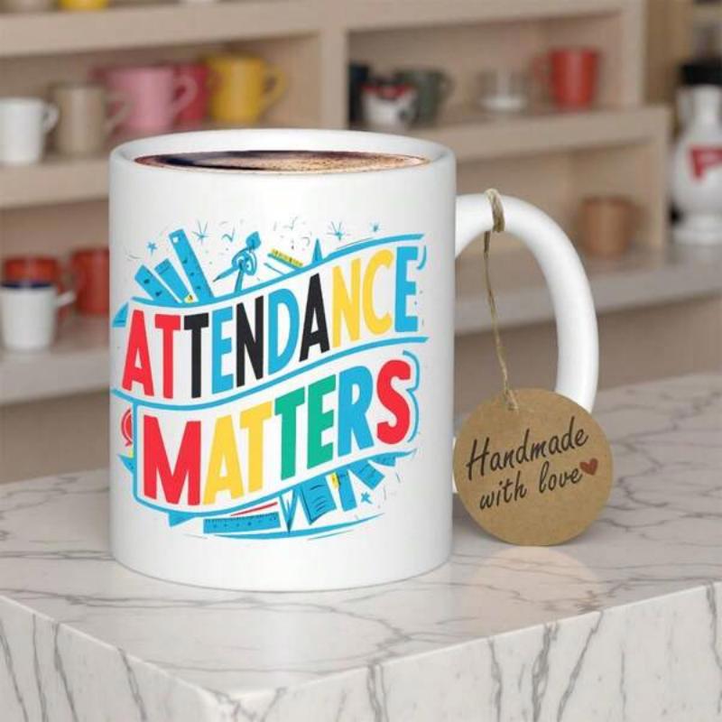 Tailorly White Ceramic 11 oz Mug - Attendance Matters Colorful Bold Stylized Typography With Educational Stationery Icons Mug