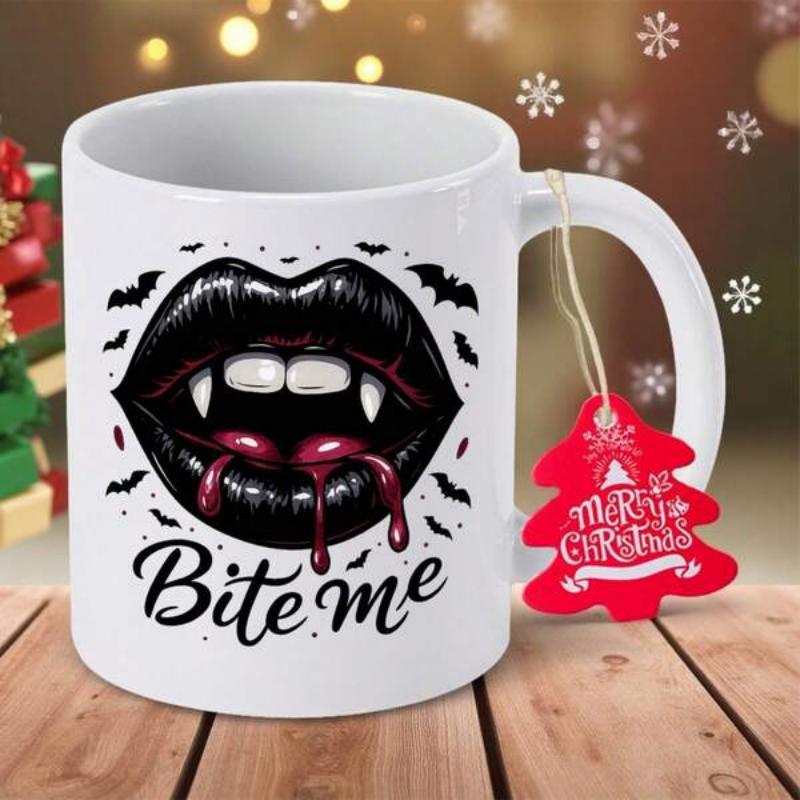 Tailorly White Ceramic 11 oz Mug - Bite Me Gothic Black Vampire With Sharp Fangs And Flying Bats Surrounding Lips