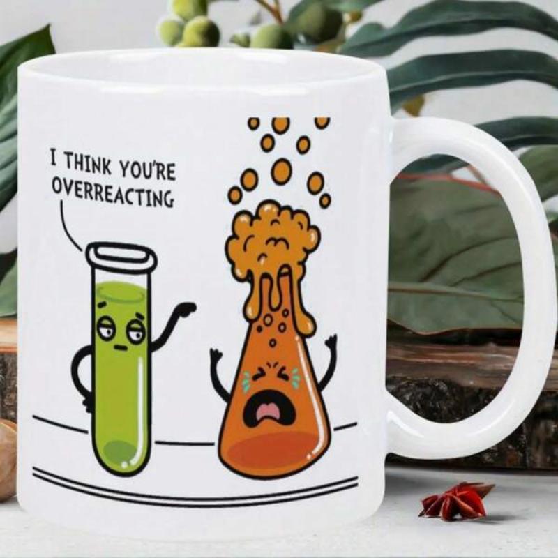 Tailorly White Ceramic 11 oz Mug - I Think Youre Overreacting Funny Cartoon Lab Vessels With Exploding Orange Chemicals And Bubbles Flask
