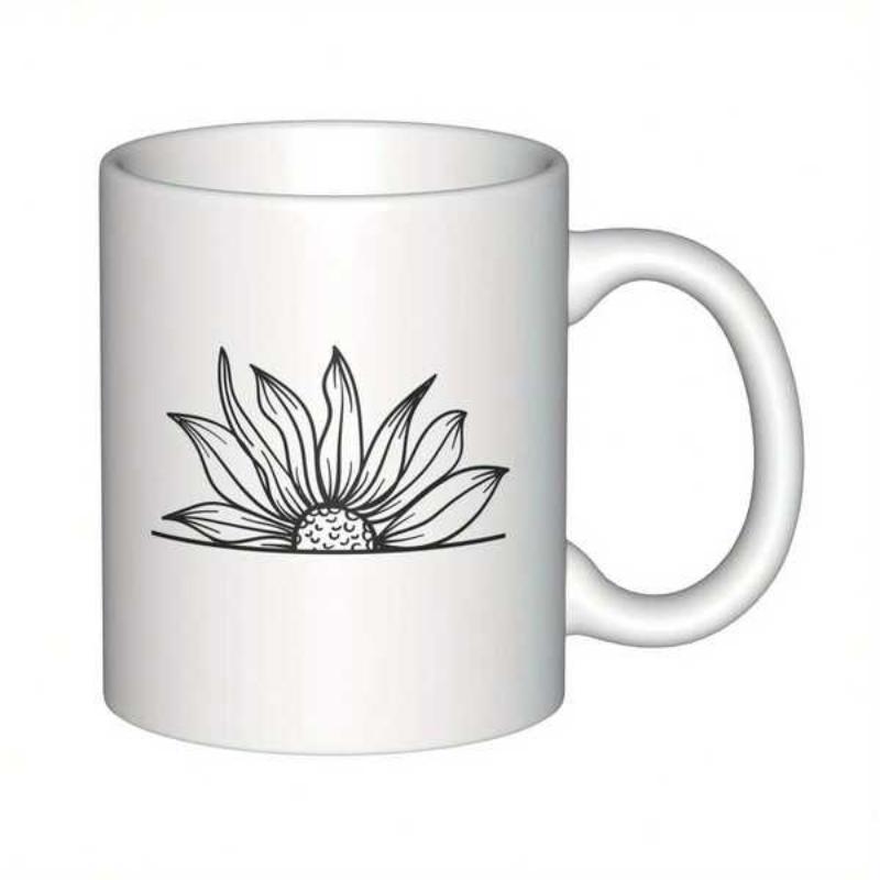 Tailorly White Ceramic 11 oz Mug - Minimalist Black Line Art Drawing Of A Half Blooming Sunflower