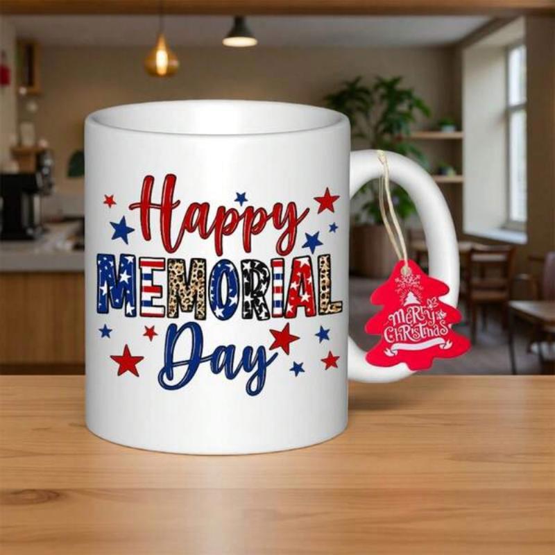 Tailorly White Ceramic 11 oz Mug - Happy Memorial Day Patriotic Stars And Striped Patterned Letters Ceramic Mug