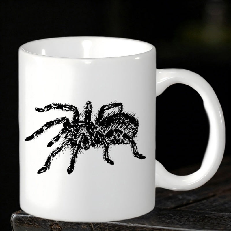 Tailorly White Ceramic 11 oz Mug - Detailed Hairy Black Tarantula Sketch Crawling Across A Minimal Surface Spider