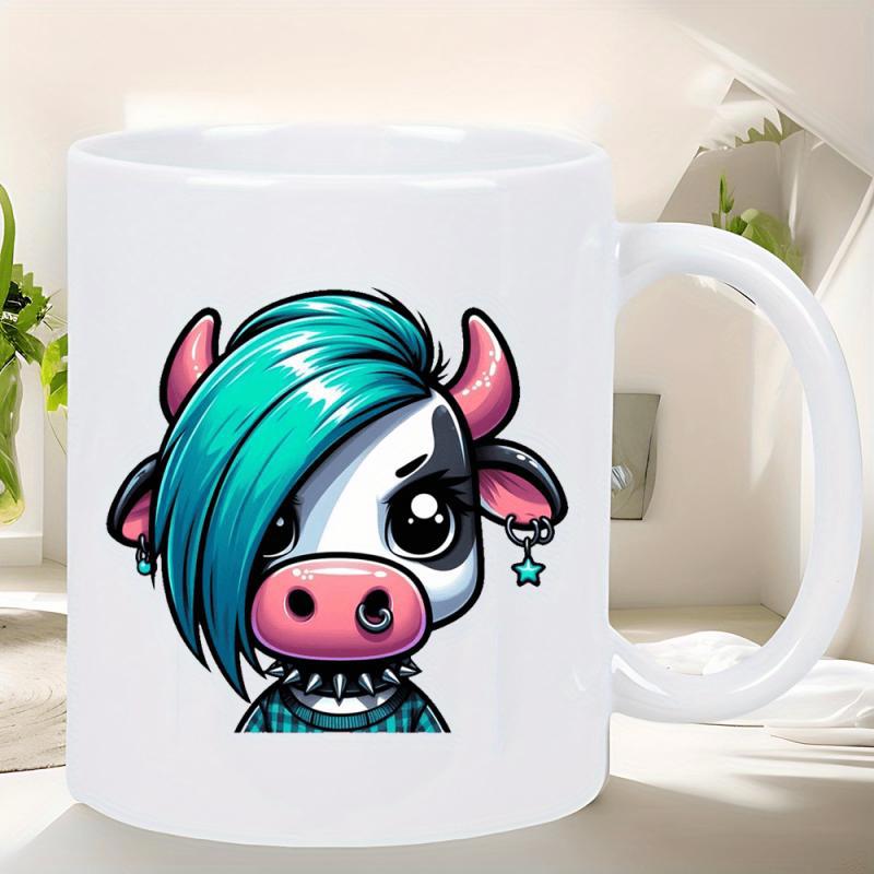 Tailorly White Ceramic 11 oz Mug - Cute Punk Emo Character With Vibrant Teal Hair And Pink Horns Cow