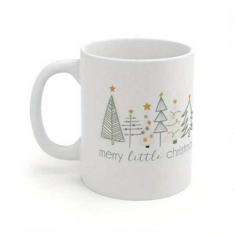 Tailorly White Ceramic 11 oz Mug - Merry Little Christmas Minimalist Hand Drawn Christmas Trees With Golden Stars Standing Together Tree