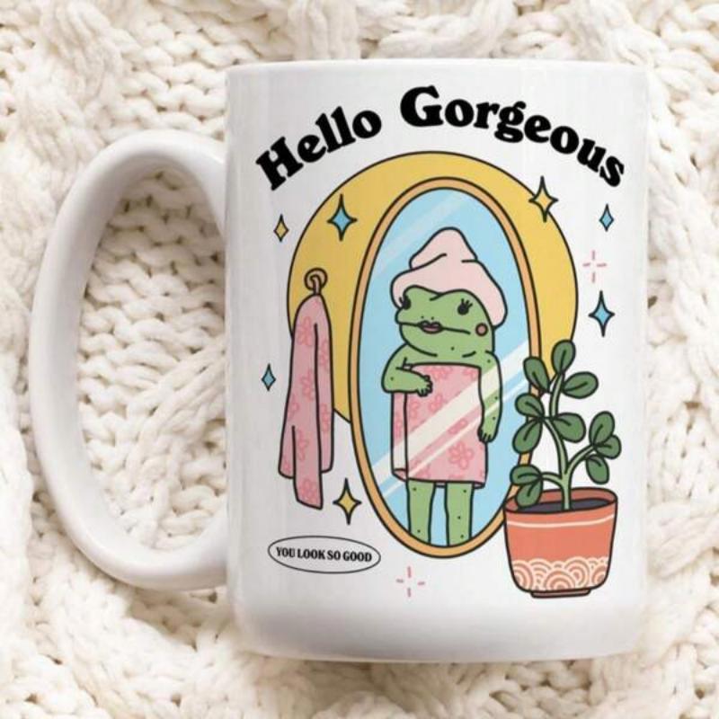 Tailorly White Ceramic 11 oz Mug - Hello Gorgeous Retro Green Frog Wrapped In Pink Towel Looking Into Mirror Plant Frog