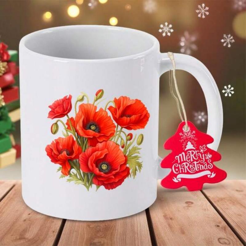 Tailorly White Ceramic 11 oz Mug - Merry Christmas Blooming Vibrant Red Poppies Growing Among Delicate Green Stems And Buds Poppy