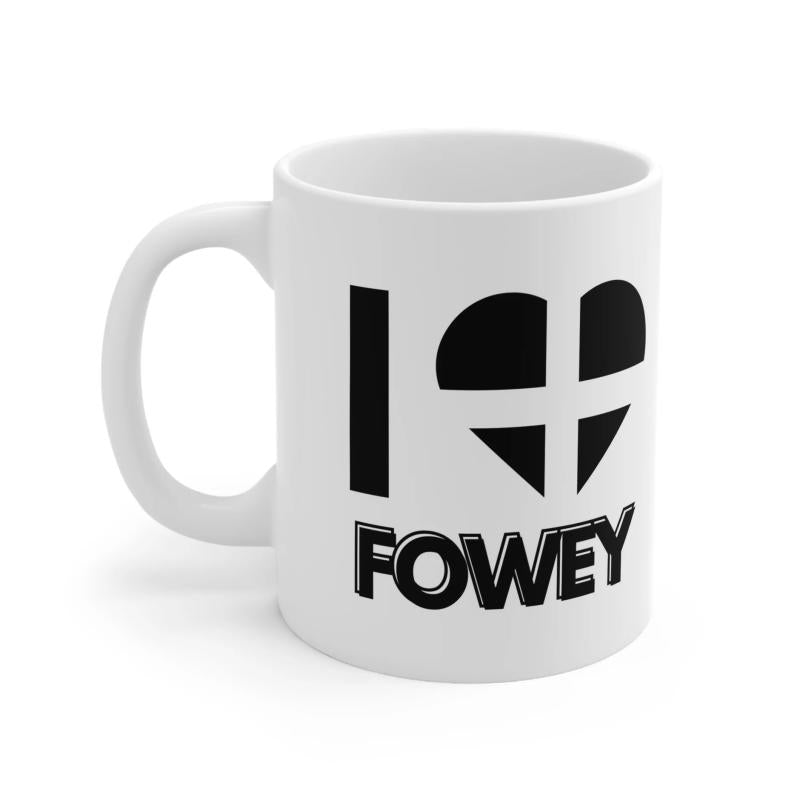 Tailorly White Ceramic 11 oz Mug - I Fowey Simple Black Heart Containing White Cross Symbolizing Cornish Regional Identity Heart